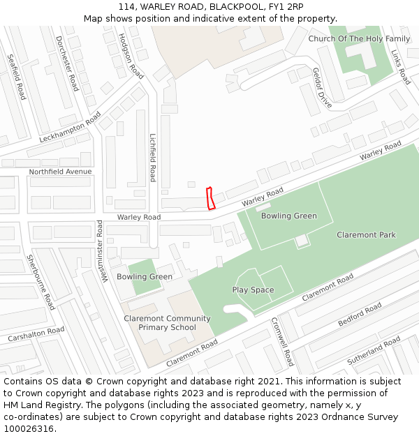 114, WARLEY ROAD, BLACKPOOL, FY1 2RP: Location map and indicative extent of plot
