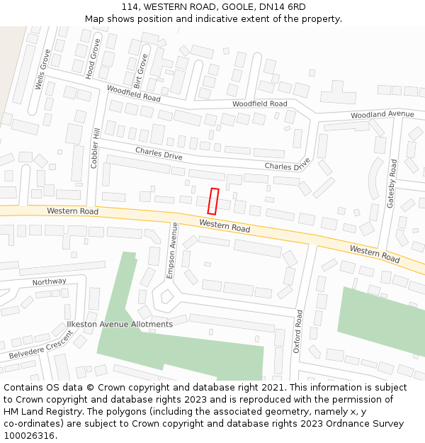 114, WESTERN ROAD, GOOLE, DN14 6RD: Location map and indicative extent of plot