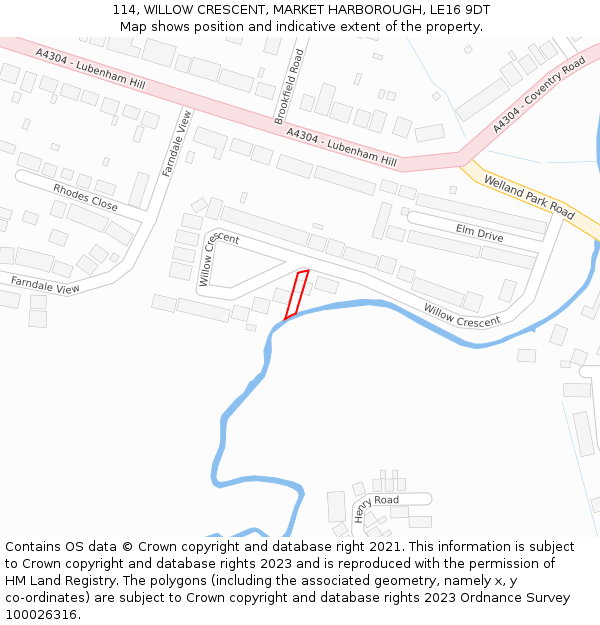 114, WILLOW CRESCENT, MARKET HARBOROUGH, LE16 9DT: Location map and indicative extent of plot