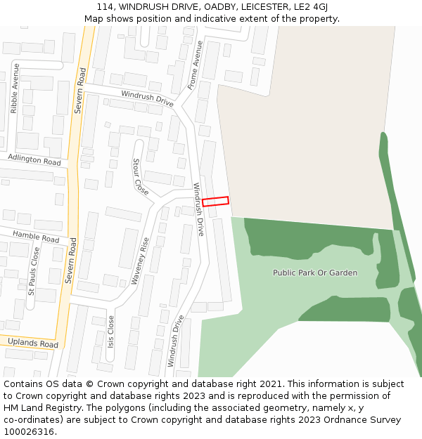 114, WINDRUSH DRIVE, OADBY, LEICESTER, LE2 4GJ: Location map and indicative extent of plot