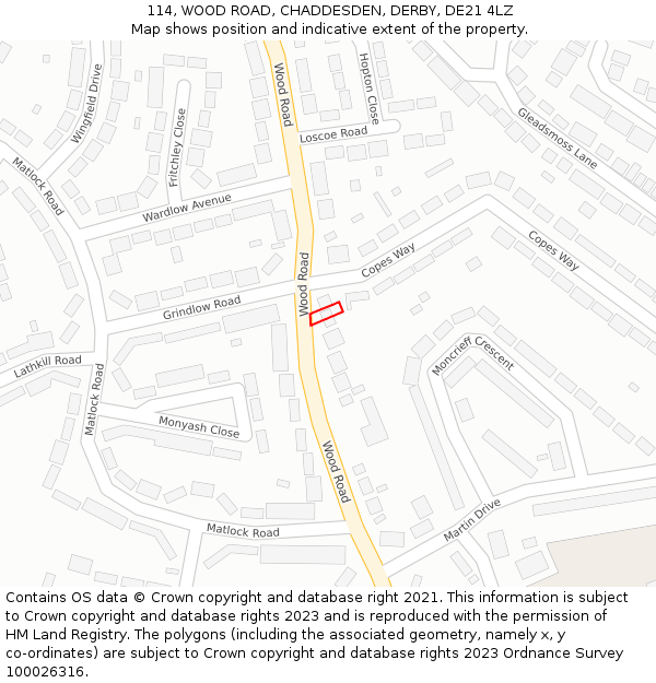 114, WOOD ROAD, CHADDESDEN, DERBY, DE21 4LZ: Location map and indicative extent of plot