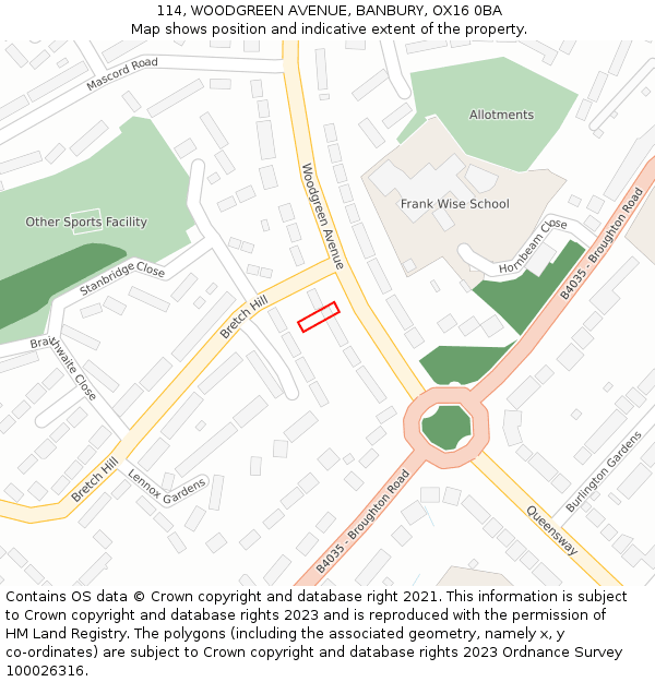 114, WOODGREEN AVENUE, BANBURY, OX16 0BA: Location map and indicative extent of plot