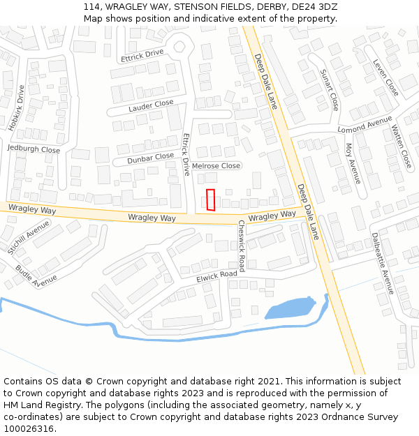 114, WRAGLEY WAY, STENSON FIELDS, DERBY, DE24 3DZ: Location map and indicative extent of plot