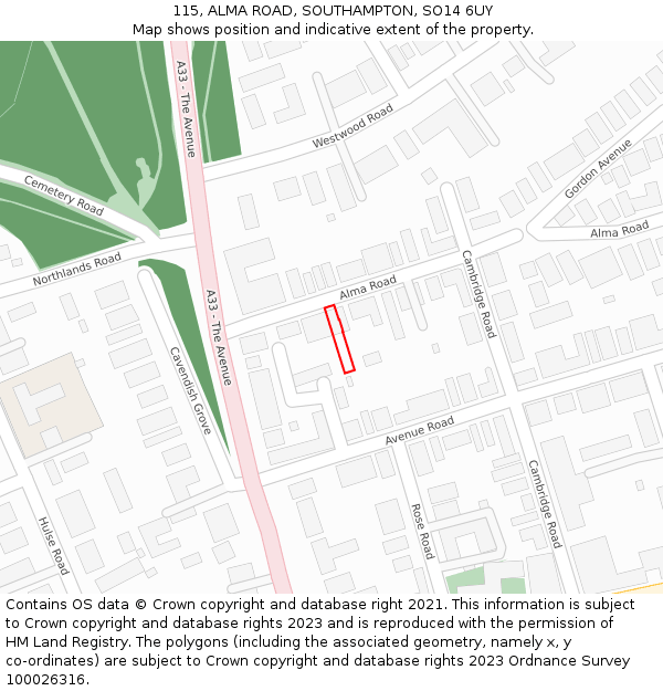 115, ALMA ROAD, SOUTHAMPTON, SO14 6UY: Location map and indicative extent of plot