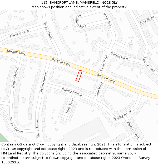 115, BANCROFT LANE, MANSFIELD, NG18 5LY: Location map and indicative extent of plot