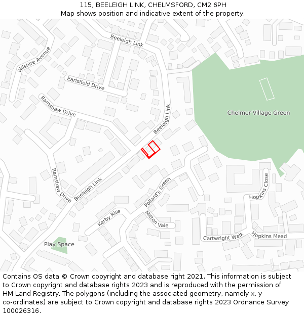 115, BEELEIGH LINK, CHELMSFORD, CM2 6PH: Location map and indicative extent of plot