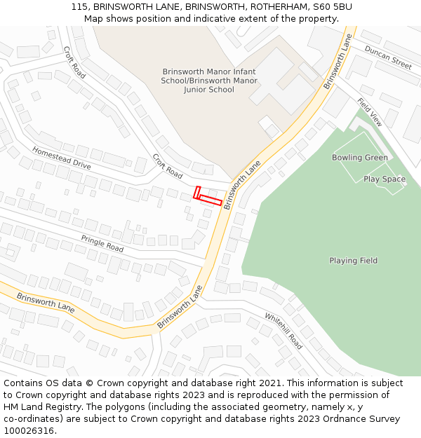115, BRINSWORTH LANE, BRINSWORTH, ROTHERHAM, S60 5BU: Location map and indicative extent of plot