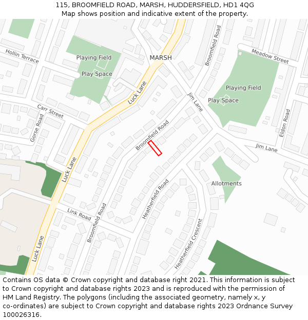 115, BROOMFIELD ROAD, MARSH, HUDDERSFIELD, HD1 4QG: Location map and indicative extent of plot