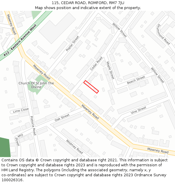 115, CEDAR ROAD, ROMFORD, RM7 7JU: Location map and indicative extent of plot