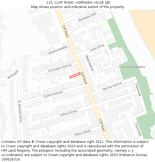 115, CLIFF ROAD, HORNSEA, HU18 1JB: Location map and indicative extent of plot
