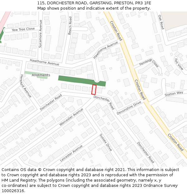 115, DORCHESTER ROAD, GARSTANG, PRESTON, PR3 1FE: Location map and indicative extent of plot