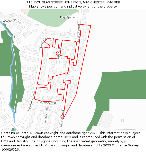 115, DOUGLAS STREET, ATHERTON, MANCHESTER, M46 9EB: Location map and indicative extent of plot