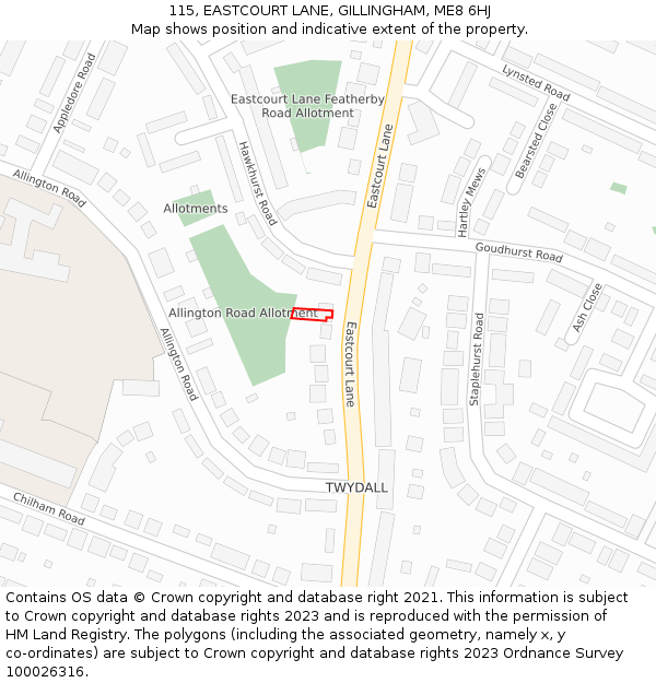 115, EASTCOURT LANE, GILLINGHAM, ME8 6HJ: Location map and indicative extent of plot