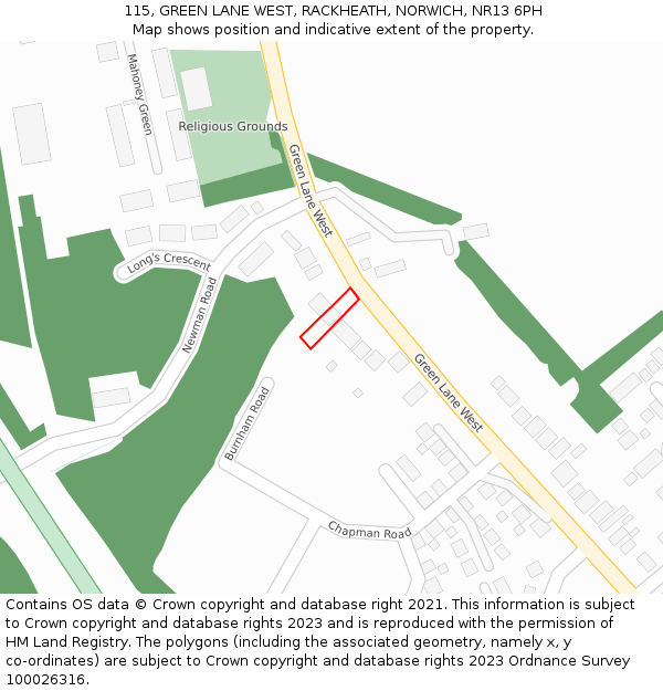 115, GREEN LANE WEST, RACKHEATH, NORWICH, NR13 6PH: Location map and indicative extent of plot