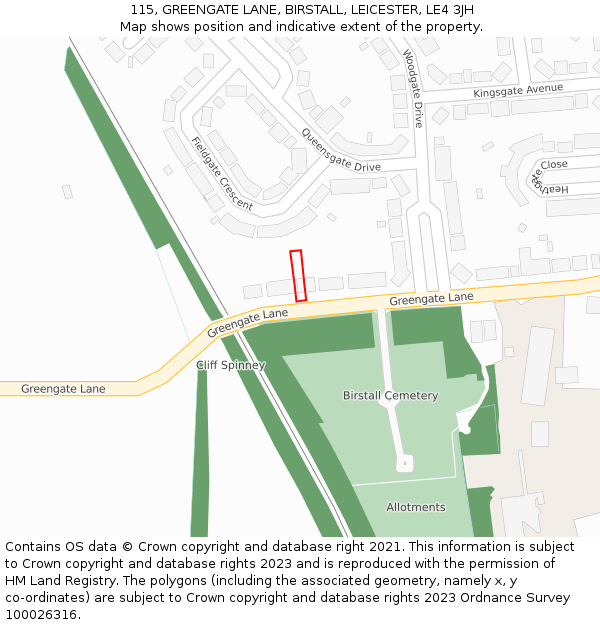 115, GREENGATE LANE, BIRSTALL, LEICESTER, LE4 3JH: Location map and indicative extent of plot