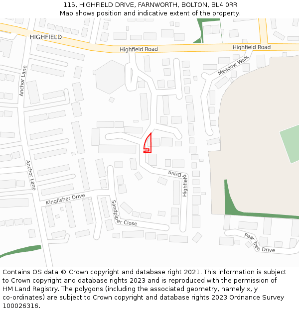 115, HIGHFIELD DRIVE, FARNWORTH, BOLTON, BL4 0RR: Location map and indicative extent of plot