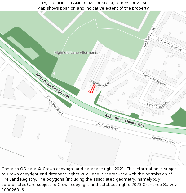 115, HIGHFIELD LANE, CHADDESDEN, DERBY, DE21 6PJ: Location map and indicative extent of plot