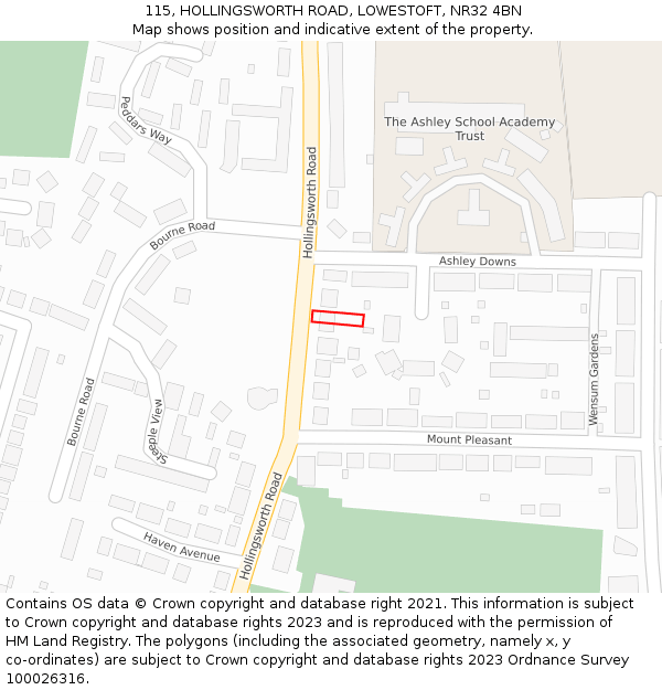 115, HOLLINGSWORTH ROAD, LOWESTOFT, NR32 4BN: Location map and indicative extent of plot