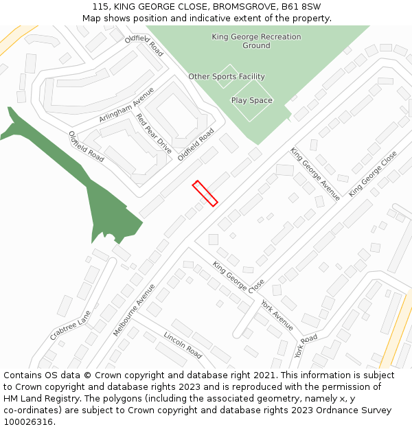 115, KING GEORGE CLOSE, BROMSGROVE, B61 8SW: Location map and indicative extent of plot