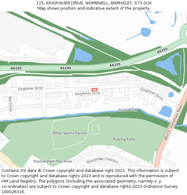 115, KINGFISHER DRIVE, WOMBWELL, BARNSLEY, S73 0UX: Location map and indicative extent of plot