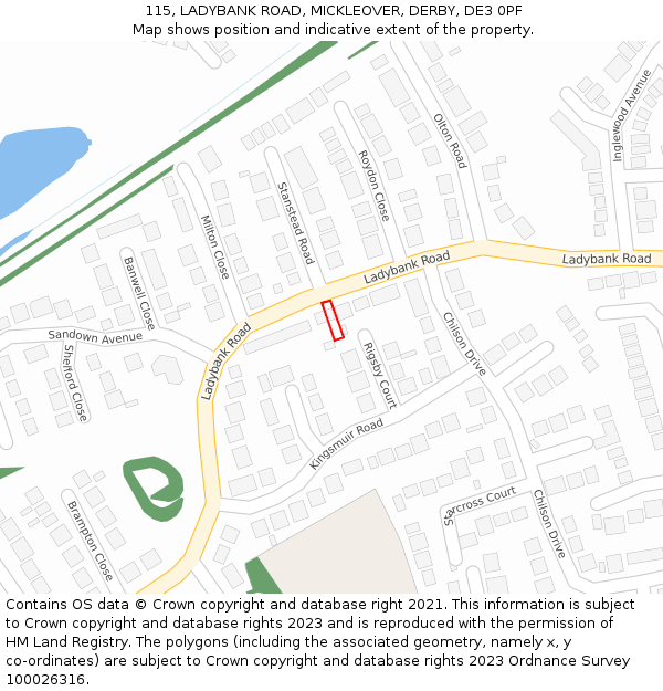 115, LADYBANK ROAD, MICKLEOVER, DERBY, DE3 0PF: Location map and indicative extent of plot