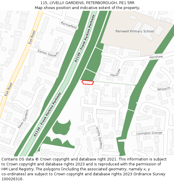 115, LYVELLY GARDENS, PETERBOROUGH, PE1 5RR: Location map and indicative extent of plot