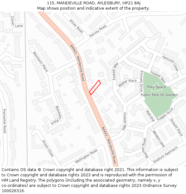 115, MANDEVILLE ROAD, AYLESBURY, HP21 8AJ: Location map and indicative extent of plot