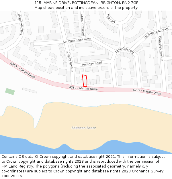 115, MARINE DRIVE, ROTTINGDEAN, BRIGHTON, BN2 7GE: Location map and indicative extent of plot