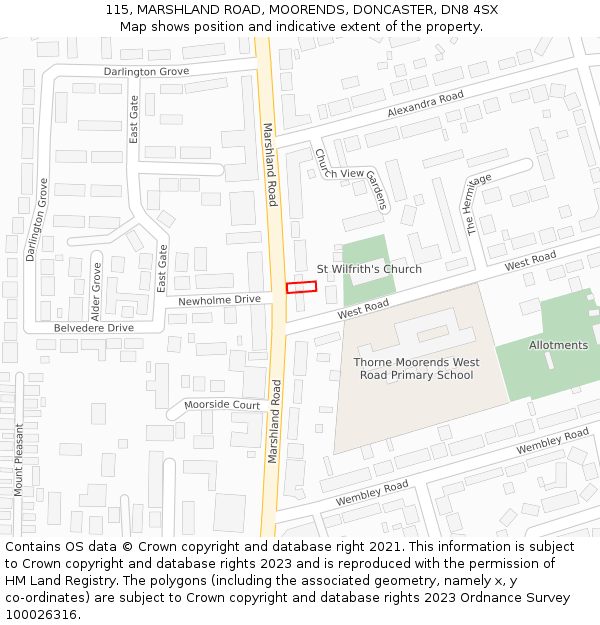 115, MARSHLAND ROAD, MOORENDS, DONCASTER, DN8 4SX: Location map and indicative extent of plot