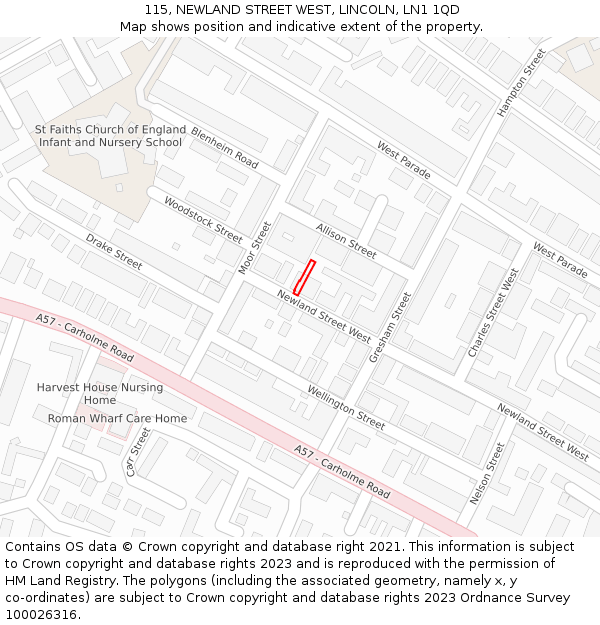 115, NEWLAND STREET WEST, LINCOLN, LN1 1QD: Location map and indicative extent of plot