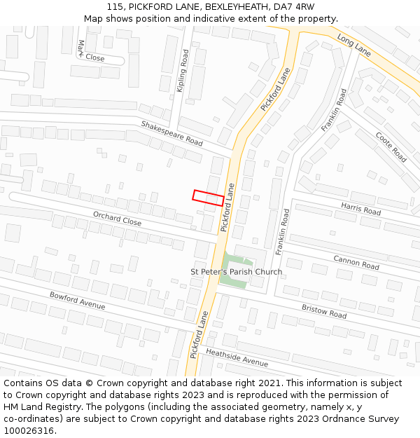 115, PICKFORD LANE, BEXLEYHEATH, DA7 4RW: Location map and indicative extent of plot