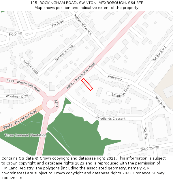 115, ROCKINGHAM ROAD, SWINTON, MEXBOROUGH, S64 8EB: Location map and indicative extent of plot