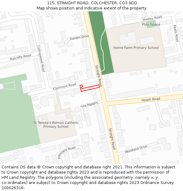 115, STRAIGHT ROAD, COLCHESTER, CO3 9DD: Location map and indicative extent of plot