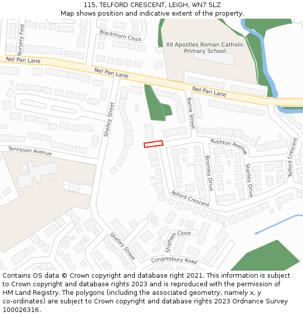 115, TELFORD CRESCENT, LEIGH, WN7 5LZ: Location map and indicative extent of plot
