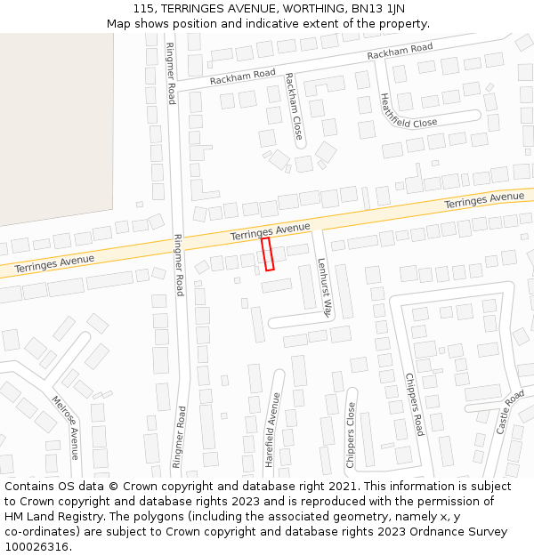 115, TERRINGES AVENUE, WORTHING, BN13 1JN: Location map and indicative extent of plot