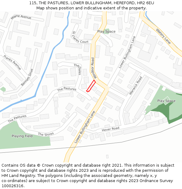 115, THE PASTURES, LOWER BULLINGHAM, HEREFORD, HR2 6EU: Location map and indicative extent of plot