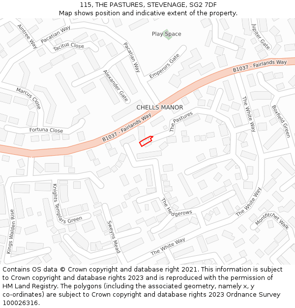 115, THE PASTURES, STEVENAGE, SG2 7DF: Location map and indicative extent of plot