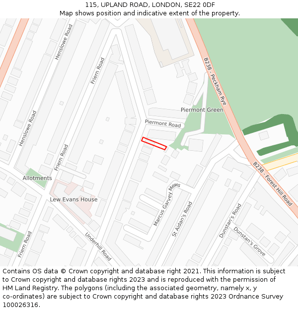 115, UPLAND ROAD, LONDON, SE22 0DF: Location map and indicative extent of plot