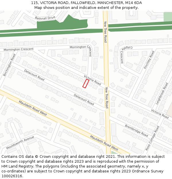 115, VICTORIA ROAD, FALLOWFIELD, MANCHESTER, M14 6DA: Location map and indicative extent of plot