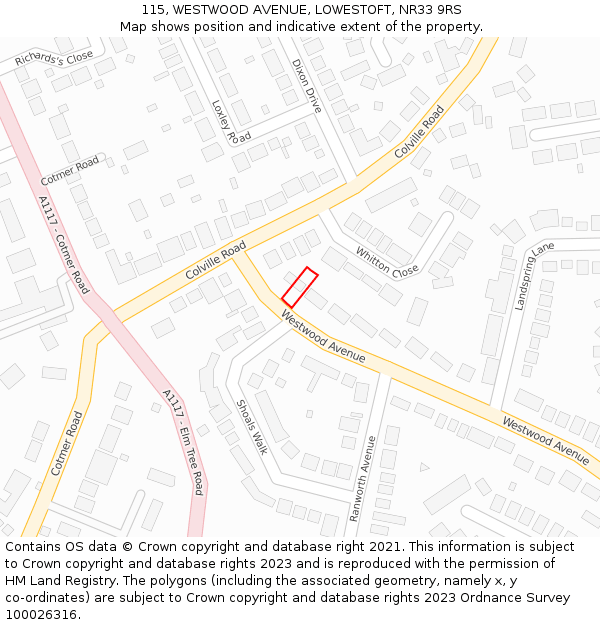 115, WESTWOOD AVENUE, LOWESTOFT, NR33 9RS: Location map and indicative extent of plot