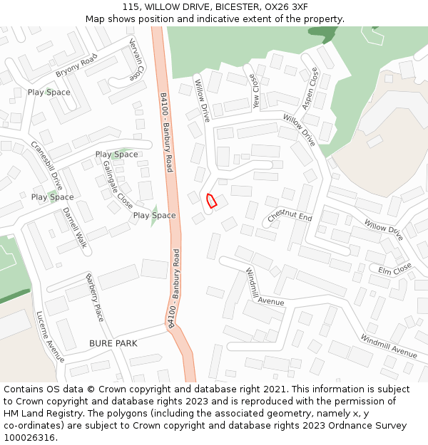 115, WILLOW DRIVE, BICESTER, OX26 3XF: Location map and indicative extent of plot