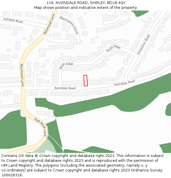 116, AVONDALE ROAD, SHIPLEY, BD18 4QY: Location map and indicative extent of plot