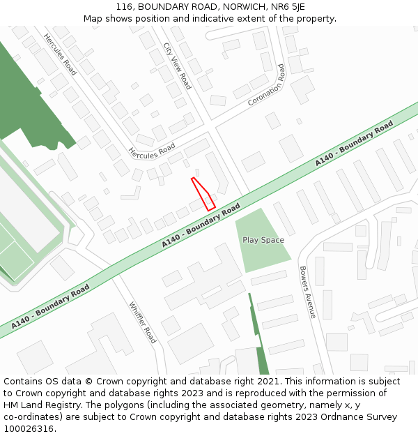 116, BOUNDARY ROAD, NORWICH, NR6 5JE: Location map and indicative extent of plot