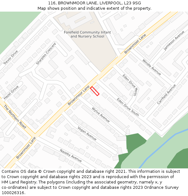 116, BROWNMOOR LANE, LIVERPOOL, L23 9SG: Location map and indicative extent of plot