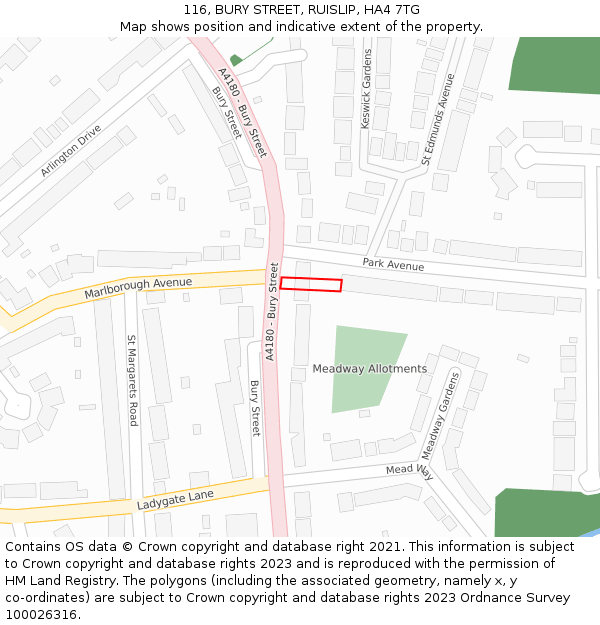 116, BURY STREET, RUISLIP, HA4 7TG: Location map and indicative extent of plot