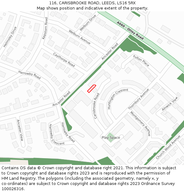 116, CARISBROOKE ROAD, LEEDS, LS16 5RX: Location map and indicative extent of plot