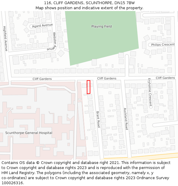 116, CLIFF GARDENS, SCUNTHORPE, DN15 7BW: Location map and indicative extent of plot