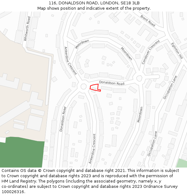 116, DONALDSON ROAD, LONDON, SE18 3LB: Location map and indicative extent of plot