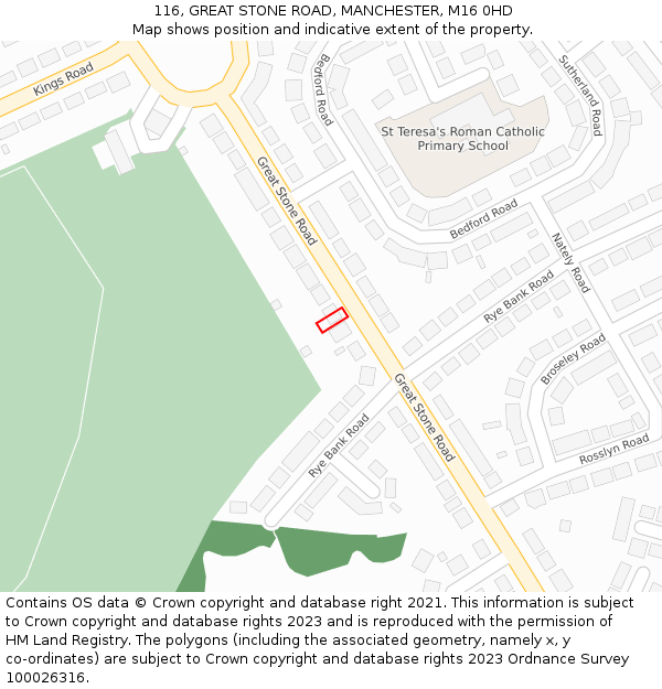 116, GREAT STONE ROAD, MANCHESTER, M16 0HD: Location map and indicative extent of plot