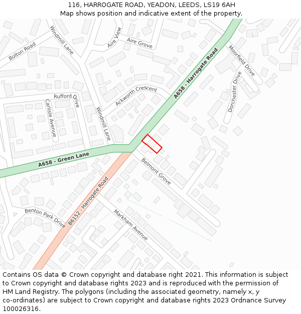 116, HARROGATE ROAD, YEADON, LEEDS, LS19 6AH: Location map and indicative extent of plot